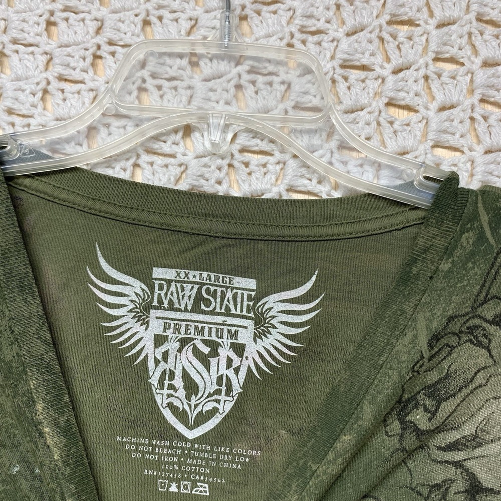 Raw State Affliction T-Shirt Olive Green Men 2XL Skull Crown‎ Flowers 100%Cotton - Picture 6 of 8